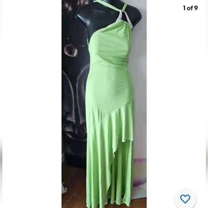 NICOLE BAKTI Green Rhinestone Strap Neckline Front Slit Evening Gown S Stretch